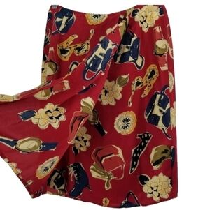 Theomiles Women's Silk Faux Wrap Pin Tuck Skirt Novelty Print Purse Shoes 8